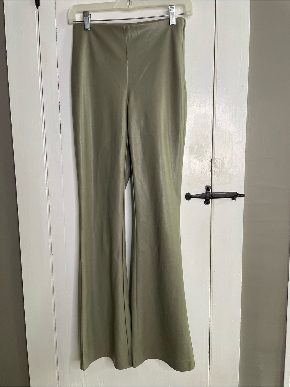 Aritiza Wilfred High-Waist Olive Green Faux Leather Pull On Wide Flare Pants 4